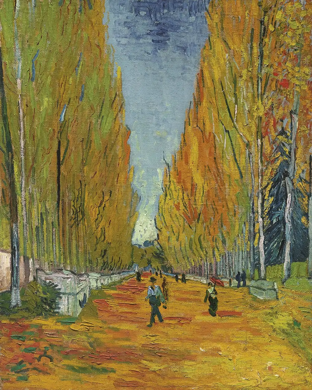 Van Gogh’s Allée des Alyscamps: a road of orange leaves running between two walls of tall yellow poplars, a few walkers on it.