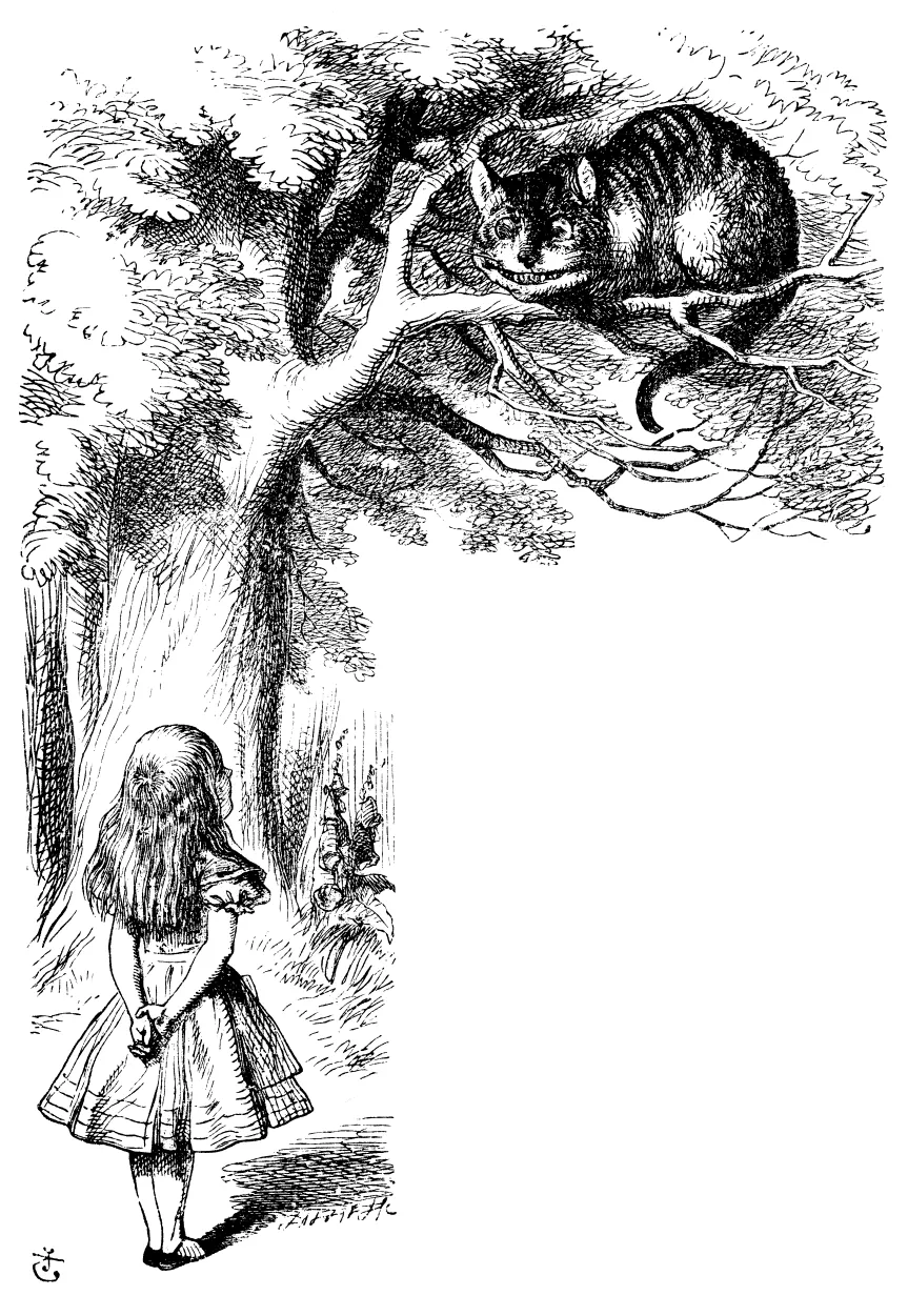 Tenniel’s engraving of Alice looking up at the Cheshire Cat sitting in a tree.